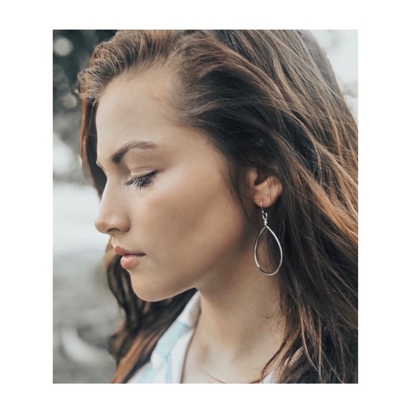 Silver Teardrop Dangle Hoop Pierced Earrings - Picture 4 of 4